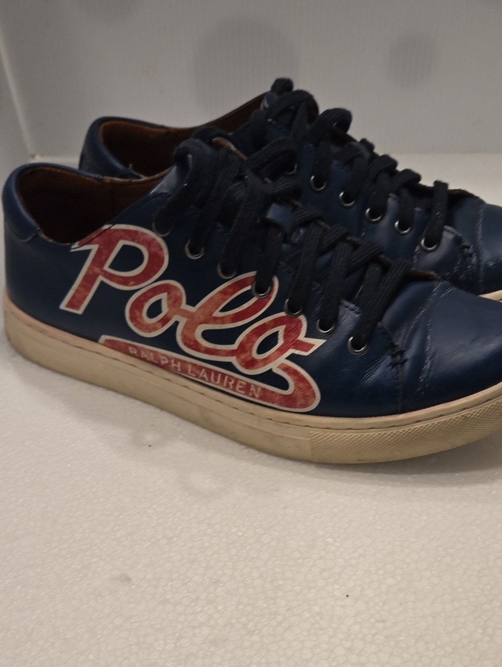Polo by Ralph Lauren Men's Navy Leather Sneaker with Red Logo